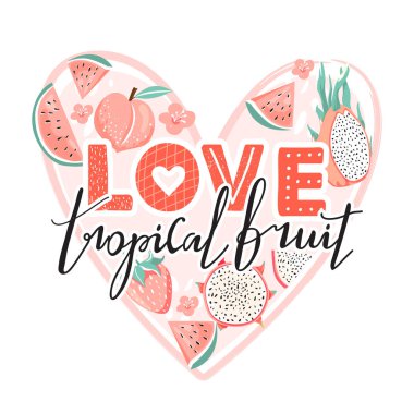 Ejderha meyve, karpuz, çilek, şeftali, çiçek ve trendy yazı seti.