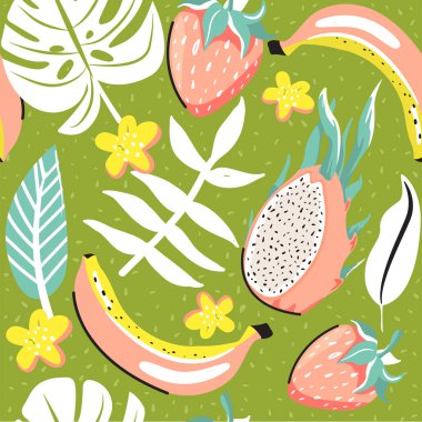 Çilek, ejderha meyve, muz, yaprak, çiçek ve tohum ile Modern sorunsuz tropikal desen.