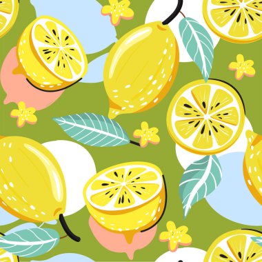 Taze limon meyve, yaprak ve çiçek ile Dikişsiz moda deseni. Sağlıklı beslenme.