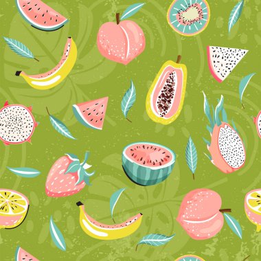 Karpuz, ejderha meyve, çilek, papaya, şeftali, limon, kivi, muz ve yaprakları ile modern dikişsiz tropikal desen.