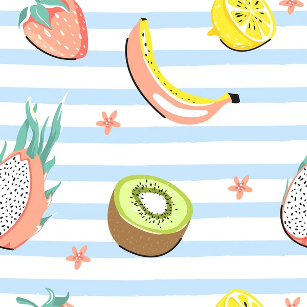 Moderno patrón tropical sin costuras con kiwi, fruta del dragón, limón, fresa, plátano y flores . — Archivo Imágenes Vectoriales
