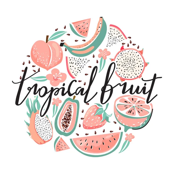 Conjunto de fruta de dragón, papaya, sandía, plátano, fresa, melocotón, flor, semillas y letras de moda . — Vector de stock