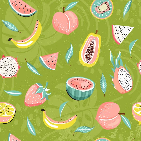 Patrón tropical inconsútil moderno con sandía, fruta del dragón, fresa, papaya, melocotón, limón, kiwi, plátano y hojas . — Archivo Imágenes Vectoriales