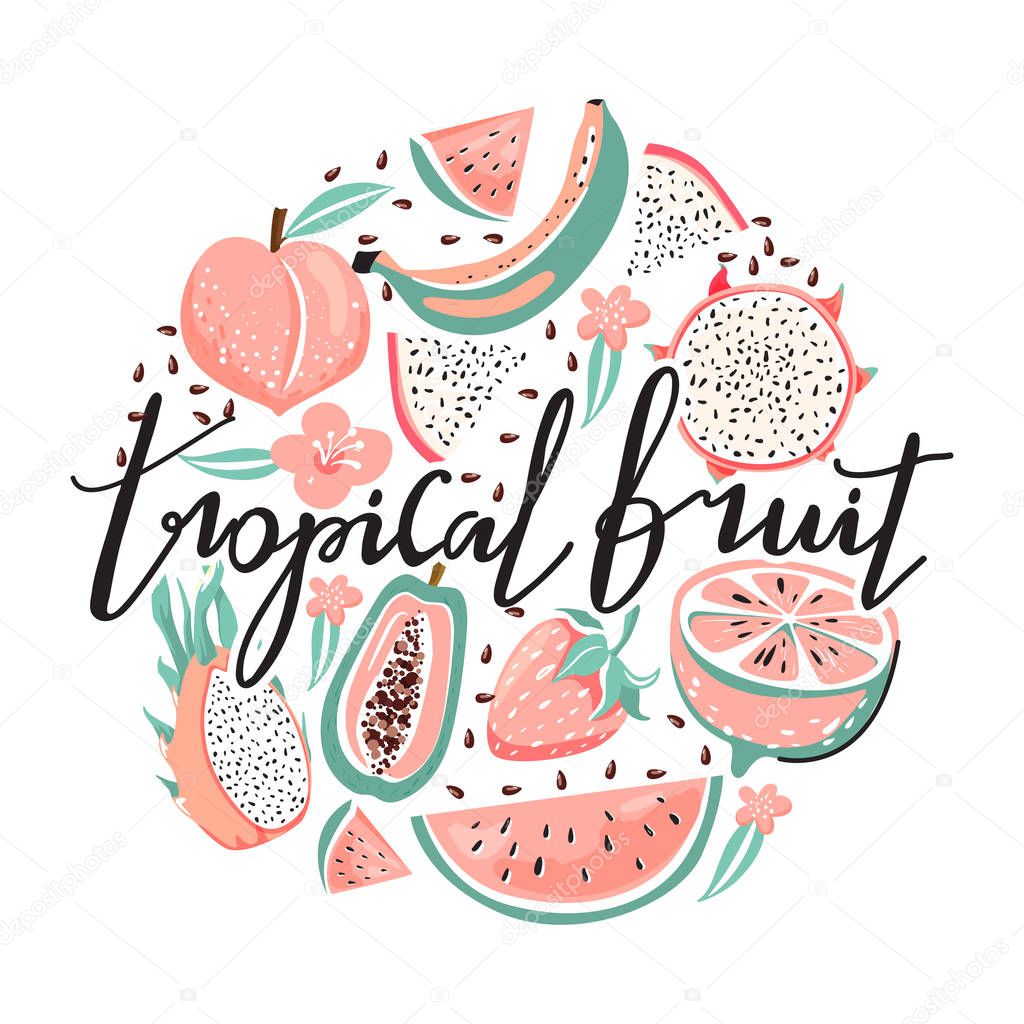 Set of dragon fruit, papaya, watermelon, banana, strawberry, peach, flower, seeds and trendy lettering.