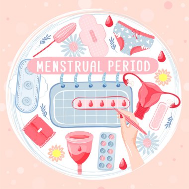Adet kabı, tampon, külot, aylık takvim, kadın elleri, sıhhi peçete, kan, papatya ve haplar ile daire şeklinde ayarlanmış adet dönemi.