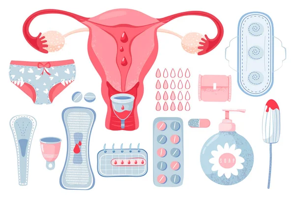 Weibliches Hygiene-Set mit Menstruationstasse, Tampon, Gebärmutter, Seife, Höschen, Monatskalender, Damenserviette und Tabletten. — Stockvektor