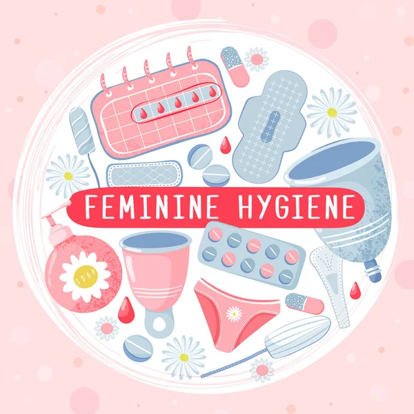 Feminine hygiene set in circle shape with menstrual cup, tampon, soap, panty, monthly calendar, sanitary napkin, chamomile and pills. — Stock Vector
