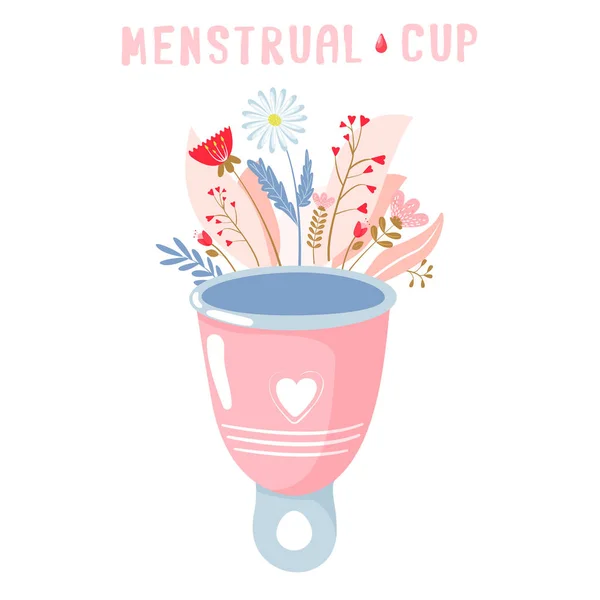 Menstruationstasse mit Blüten und Blättern. Umweltschutz für Frauen in kritischen Tagen. — Stockvektor