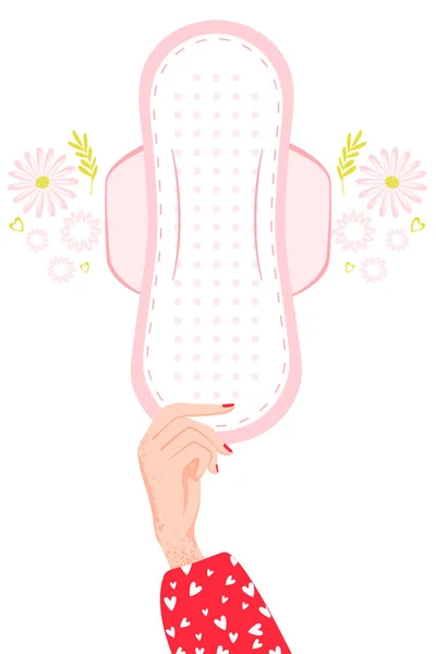 Feminine hygiene illustration. Sanitary napkin in hand with flowers. — Stock Vector