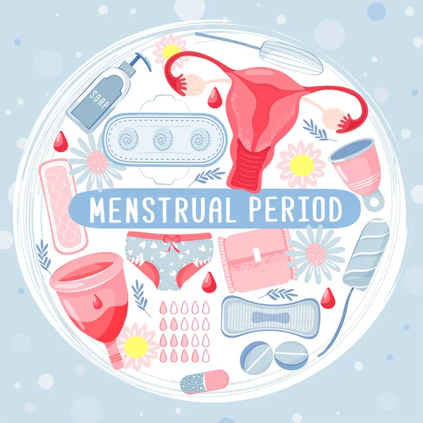 Weibliche Hygiene in Kreisform mit Menstruationstasse, Gebärmutter; Tampon, Seife, Höschen, Damenserviette, Bllod; Kamille und Tabletten. — Stockvektor