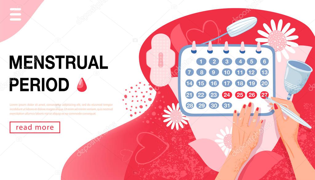 Illustration with woman hands, menstrual cup, tampon, monthly calendar, sanitary napkin, chamomile and blood. 