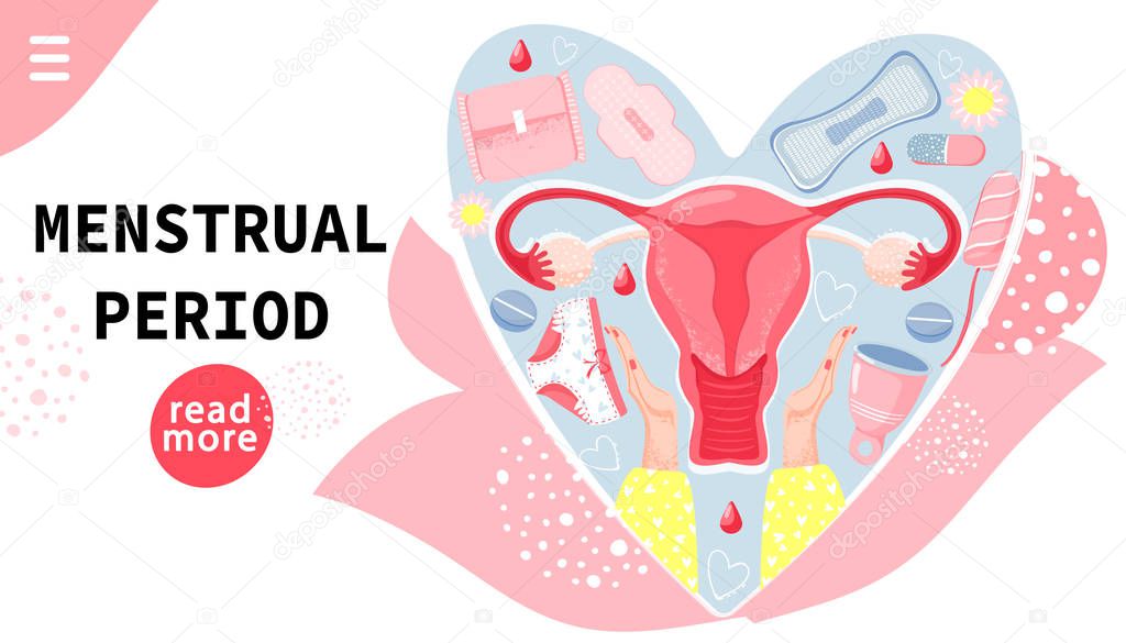 Menstrual period concept with uterus, menstrual cup, tampon, panty, sanitary napkin, bllod; chamomile and pills in heart shape.