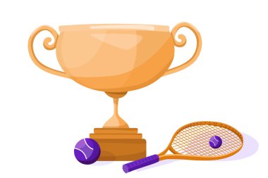 Ödül kupası, tenis topu ve raket beyaz arka planda İllüstrasyon.