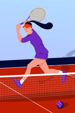Tenis kortunda kadın tenisçi ile İllüstrasyon.