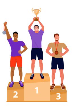 Ödül töreni İllüstrasyon. Ödül kupası ve madalyaları ile podyumda kazananlar.