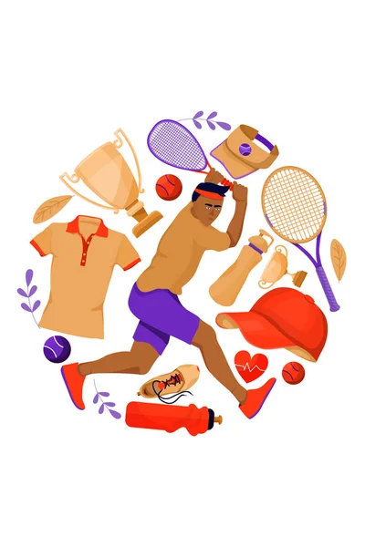 Спортивная концепция с теннисистом и спортивным инвентарем. Спорт и здоровый образ жизни . — стоковый вектор