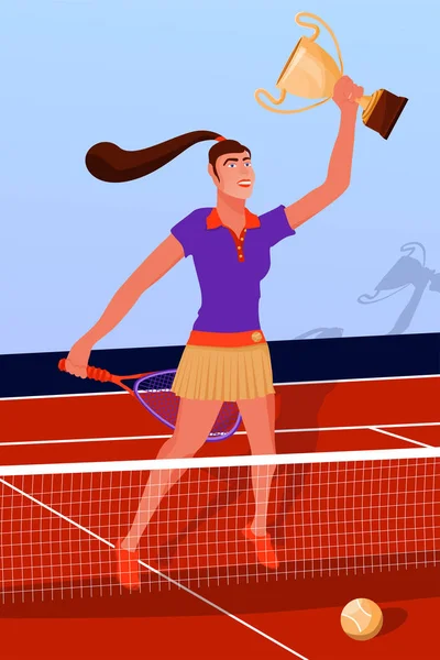 Concepto de premio deportivo. Ilustración con jugadora de tenis en pista de tenis . — Vector de stock