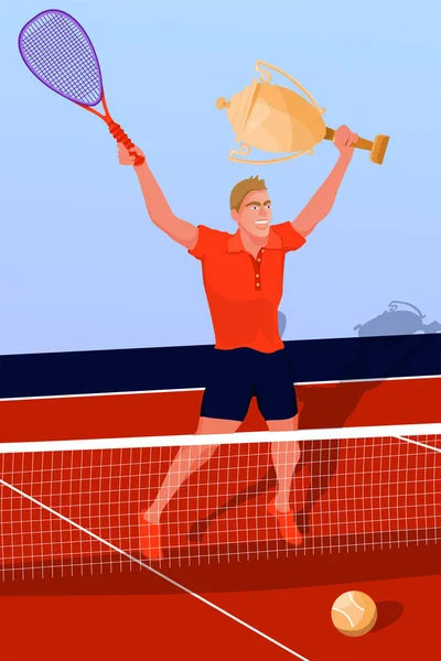 Concepto de premio deportivo. Ilustración con hombre jugador de tenis en pista de tenis . — Vector de stock