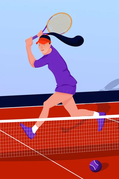 Ilustración con jugadora de tenis en pista de tenis . — Vector de stock