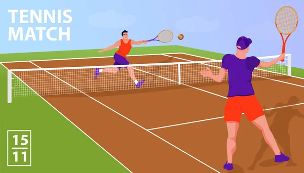 Ilustración con dos jugadores de tenis en pista de tenis . — Vector de stock