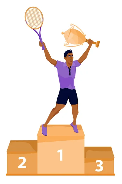 Ganador en el podio con copa de oro y raqueta de tenis . — Vector de stock