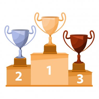 Winners podium with goblet. Gold, silver and bronze trophy cups. clipart