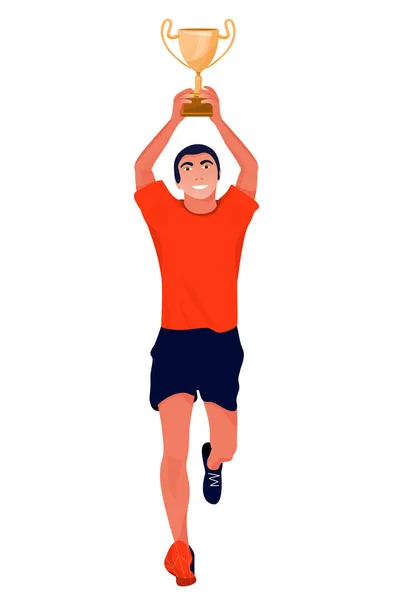 Vector illustration with happy sport athlete holding gold award cup and running. — Stock Vector