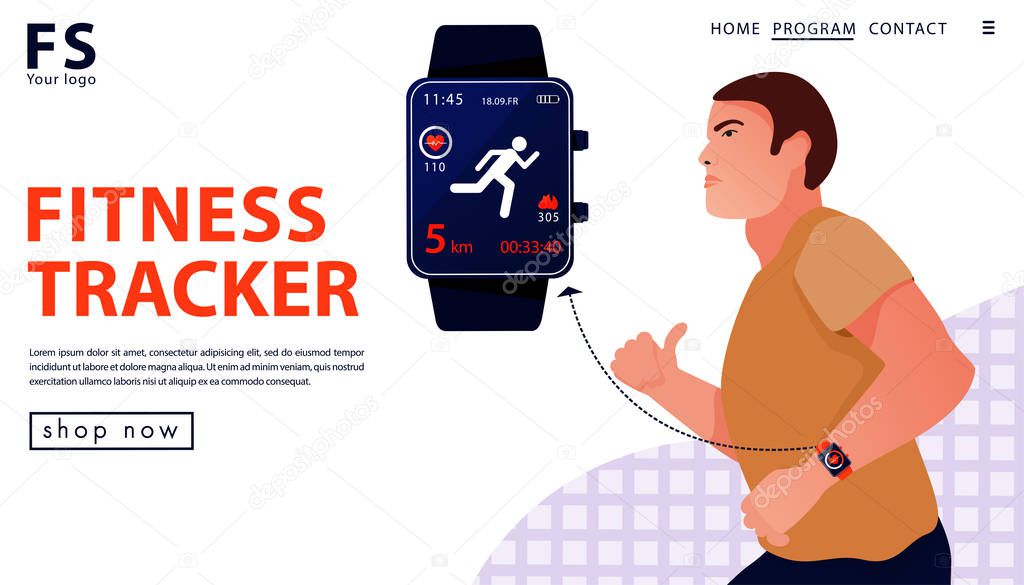 Sport concept with fitness tracker. Man running with smart watch.