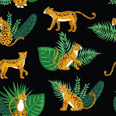 Leopar dikişsiz desen. Siyah arka plan üzerinde izole sevimli leoparlar ve tropikal yaprakları ile Kompozisyon.