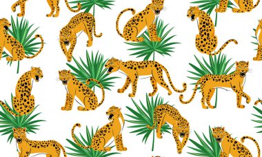 Leopar dikişsiz desen. Beyaz arka plan üzerinde izole hırıltıleopar ve palmiye yaprakları ile Kompozisyon.