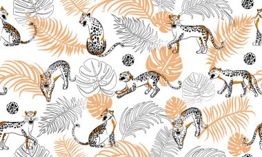 Leopar dikişsiz desen. Farklı pozlarda leoparlar ile soyut kompozisyon.