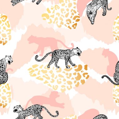 Leopar dikişsiz desen. Farklı pozlarda leoparlar ile kompozisyon.