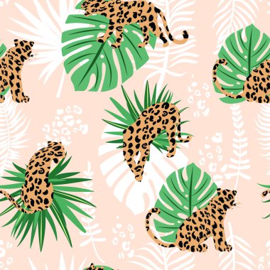Trendy dikişsiz egzotik desen. Leoparlar, tropikal yapraklar ve dokuların soyut siluetleri ile kompozisyon.