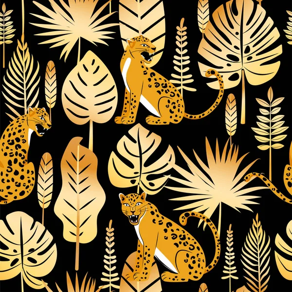 Leopard seamless pattern. Composition with leopards and tropical leaves isolated on black background. — Stock Vector