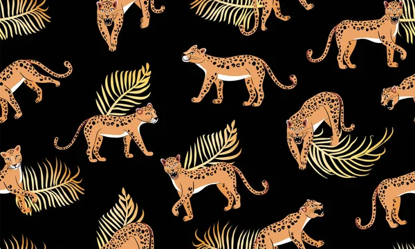 Patrón sin costura de leopardo. Composición con leopardos y hojas de palma aisladas sobre fondo negro . — Vector de stock