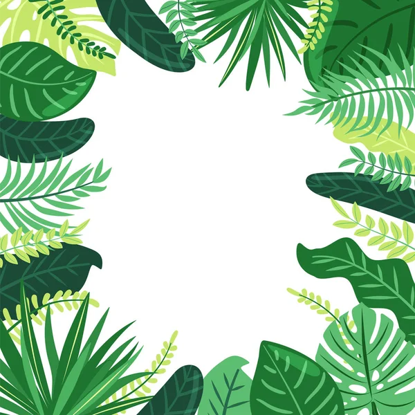 Tropik yaprakların çerçevesi. Egzotik orman bitkileri yaprakları ile İllüstrasyon. — Stok Vektör