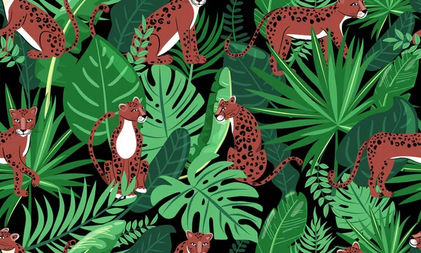 Nahtloses Leopardenmuster. Komposition mit Leoparden und tropischen Blättern auf schwarzem Hintergrund. — Stockvektor
