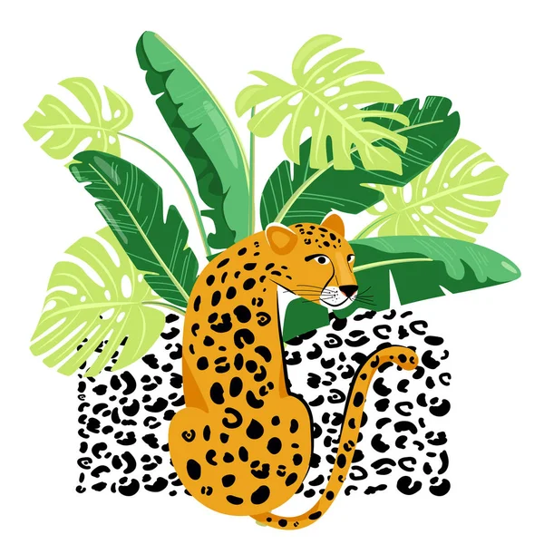 Illustratie met schattige Luipaard en tropische planten. — Stockvector