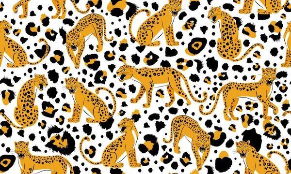 Nahtloses Leopardenmuster. Komposition mit knurrenden Leoparden und Leopardenpunkten isoliert auf weißem Hintergrund. — Stockvektor