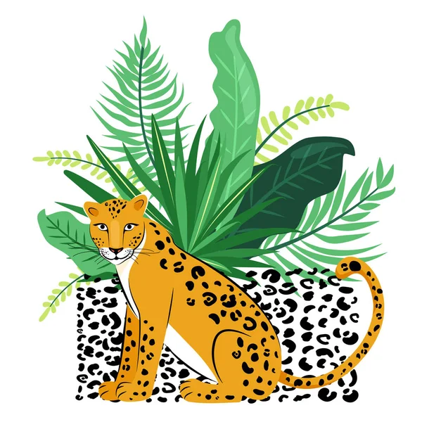 Illustratie met schattige Luipaard en tropische planten. Mode exotische jungle tekening voor t-shirts en poster afdrukken. — Stockvector