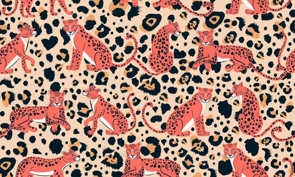 Luipaard naadloze patroon. Compositie met luipaarden in verschillende poses en Luipaard stippen. — Stockvector