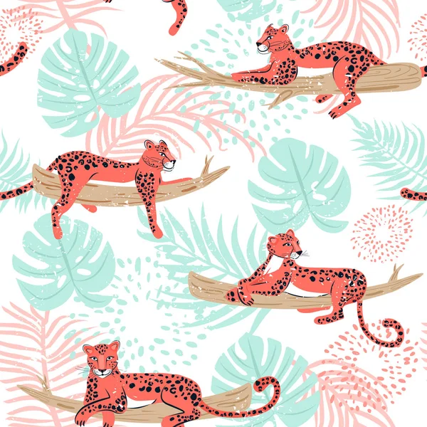 Leopard pola mulus. Komposisi dengan macan tutul dalam pose yang berbeda pada cabang . - Stok Vektor