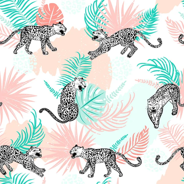 Patrón sin costura de leopardo. Composición con leopardos en diferentes poses . — Archivo Imágenes Vectoriales
