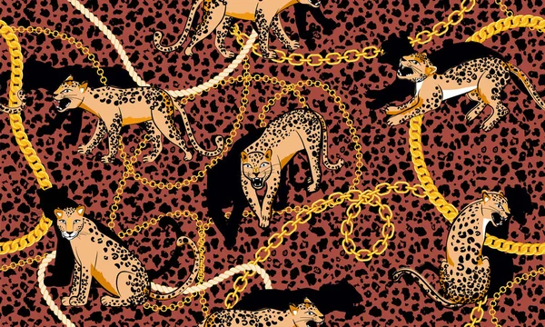 Trendigt sömlöst mönster med guldkedjor, Leopard och rep. — Stock vektor