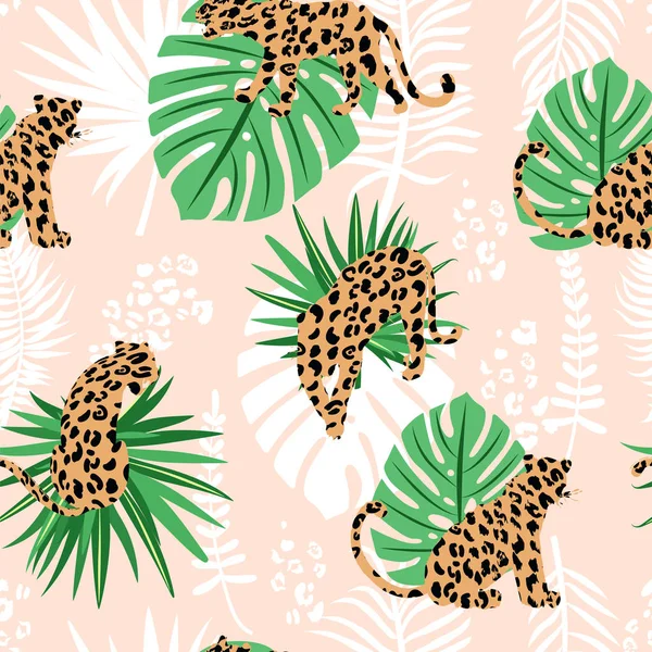 Divatos, varrat nélküli egzotikus mintázat. Összetétel absztrakt sziluettek a leopárdok, trópusi levelek és textúrák. — Stock Vector