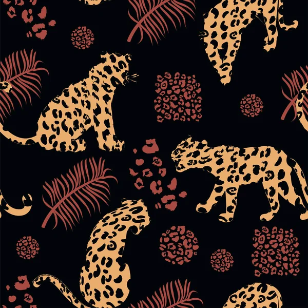 Trendigt, sömlöst exotiskt mönster. Komposition med abstrakta silhuetter av leoparder, tropiska löv och texturer. — Stock vektor