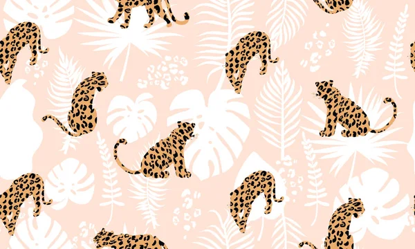 Trendigt, sömlöst exotiskt mönster. Komposition med abstrakta silhuetter av leoparder, tropiska löv och texturer. — Stock vektor