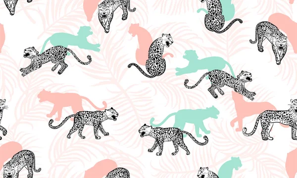 Leopard pola mulus. Komposisi dengan macan tutul dalam berbagai pose dan daun tropis . - Stok Vektor