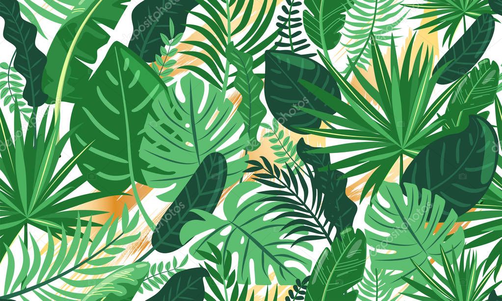 Tropical leaves seamless pattern. Green tropical plants with golden abstract brush strokes.
