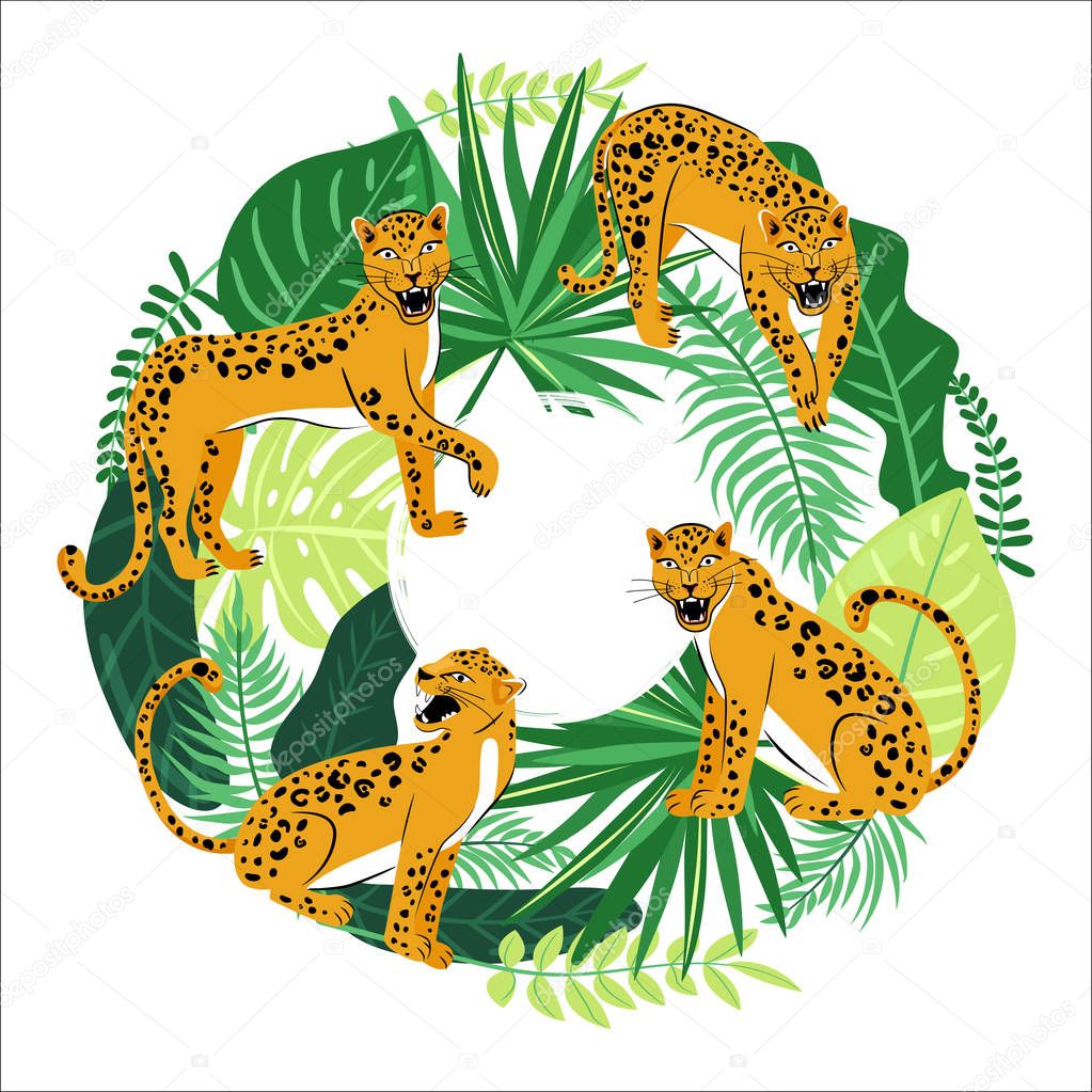 Tropical leaves and leopards around the circle. Wild concept.